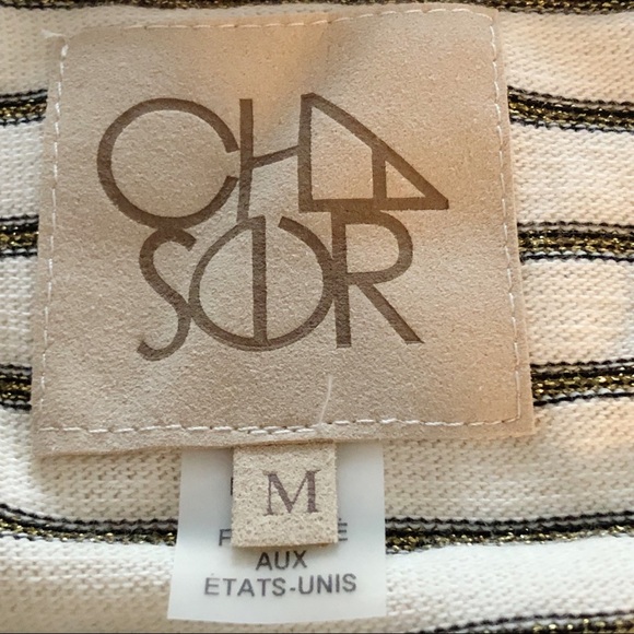 NWT CHASER Long Sleeve Cold Shoulder Top with Black & Metallic Gold Stripes Med - Picture 14 of 16